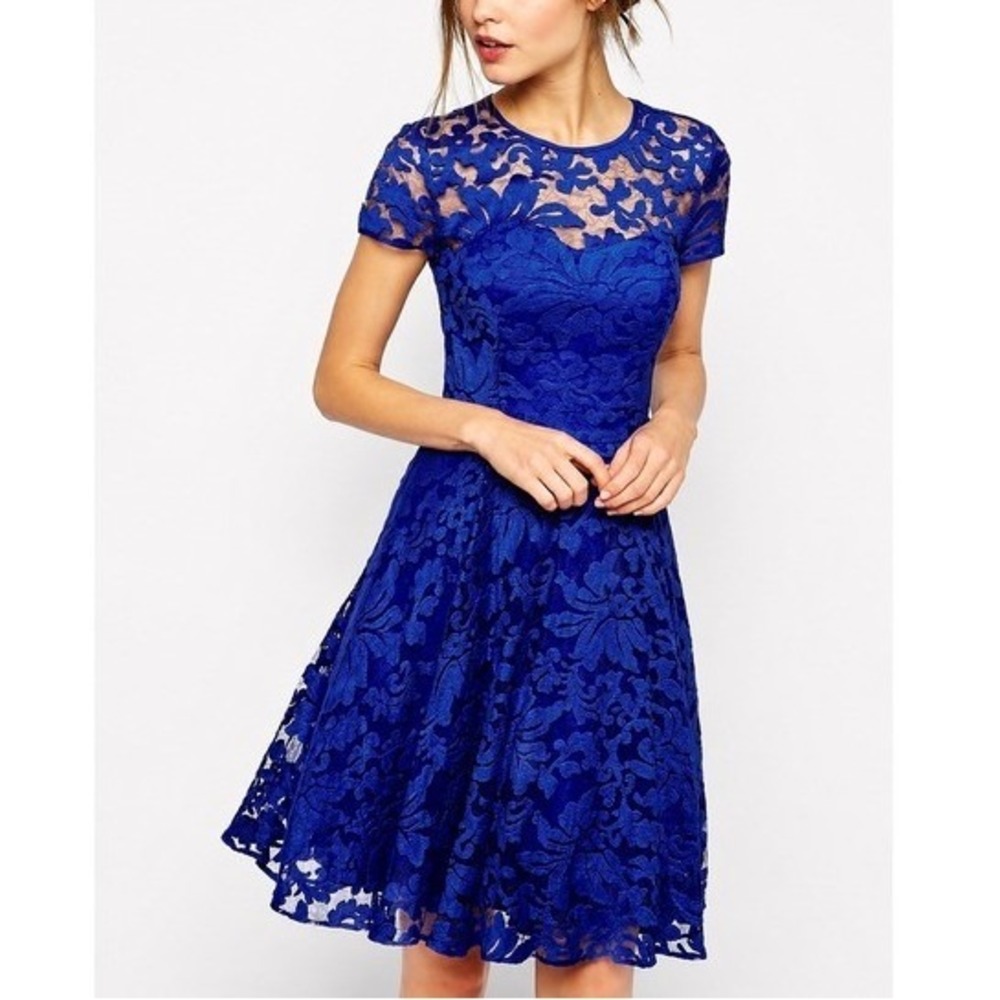 TED BAKER Caree Floral Lace Overlay Fit & Flare Mini Dress in Cobalt Blue